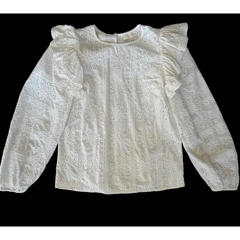 Happy Nature 100% Cotton Eyelet Long Sleeve Top Blouse Sz S Boho Chic Prairie